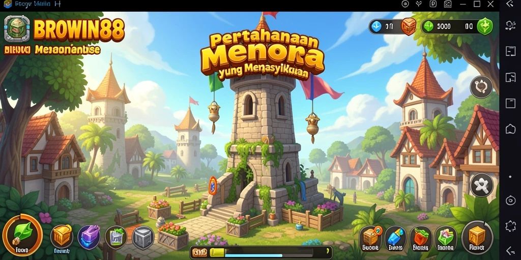 Screenshot gameplay <strong>BROWIN88</strong> yang menampilkan aksi taktis dan menara pertahanan.