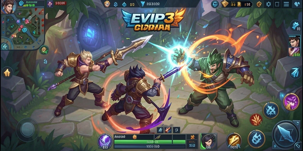 Tampilan gameplay yang mendebarkan dari EVIP3 saat bertarung di arena MOBA.