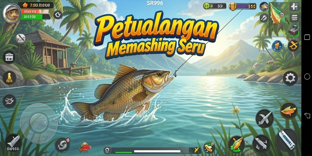 Screenshot gameplay SR996 dengan aksi memancing yang menegangkan.
